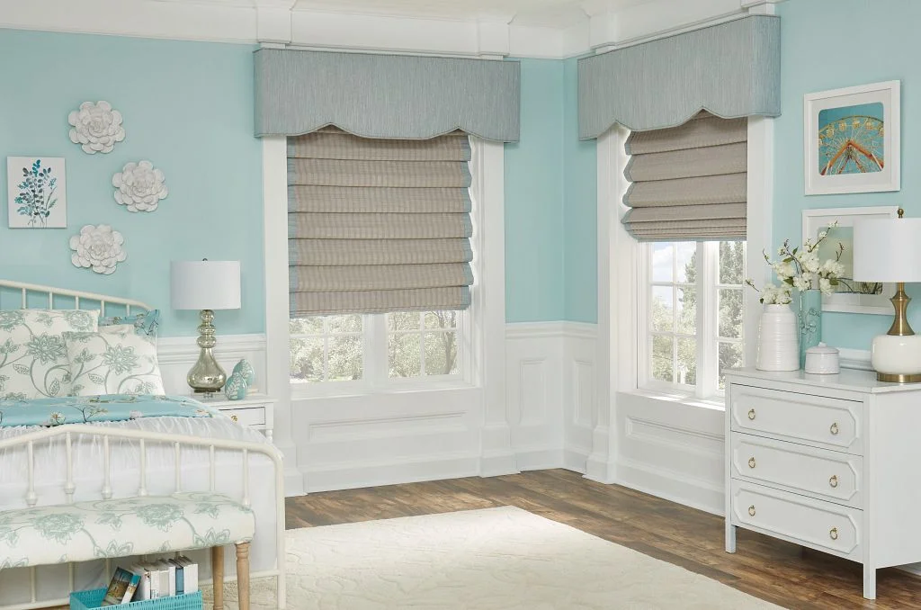 Horizons Roman shades with valances in bedroom