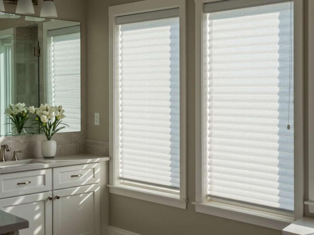 Cellular shades, also known as honeycomb shades, are ideal for bathrooms where both insulation and privacy are equally important.