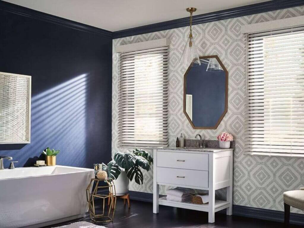 Faux wood blinds bring the warm look of real wood without the worry of water damage.