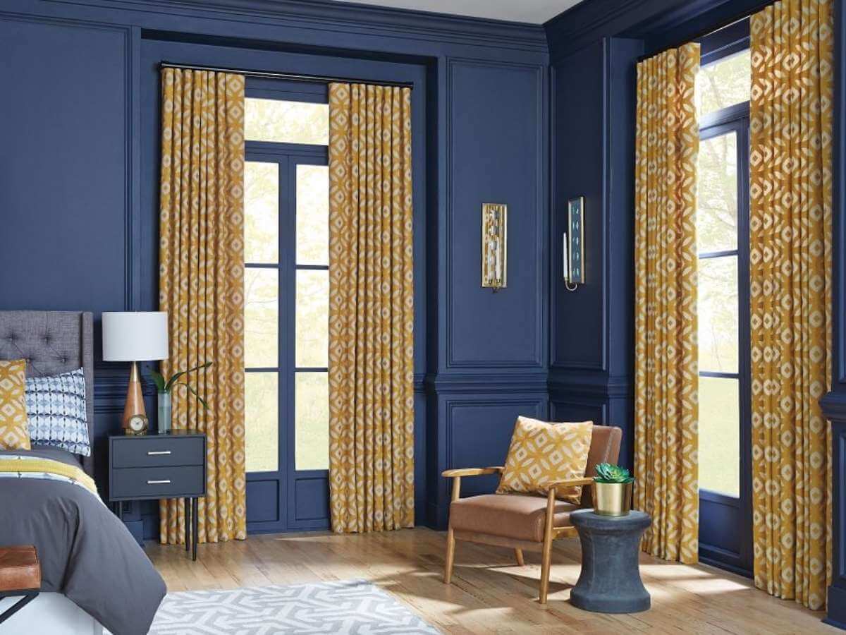 Horizons Yellow Drapery in Blue Interior