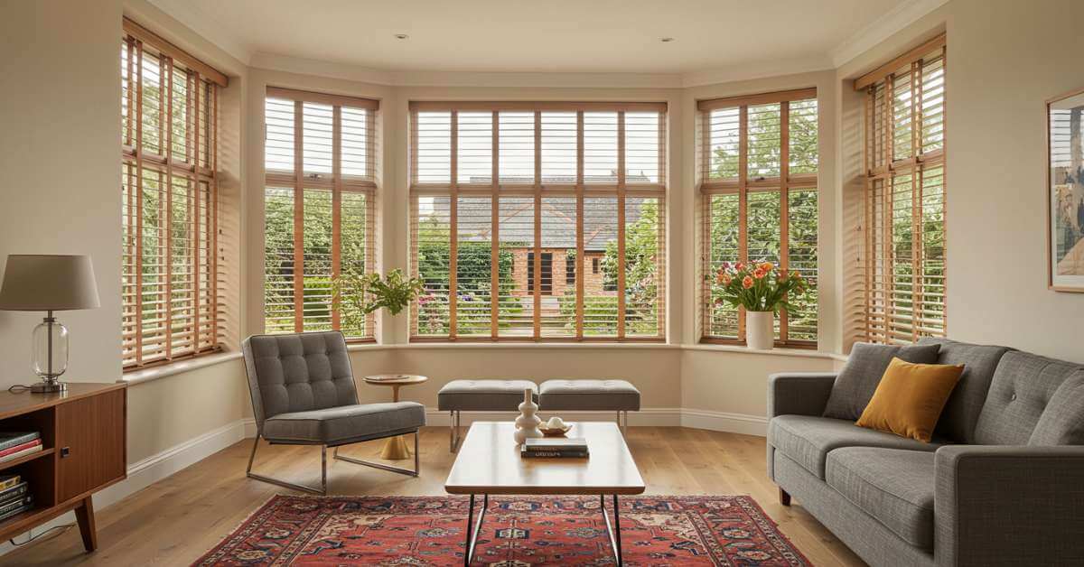 Wood Blinds in Bay Windows Living Room