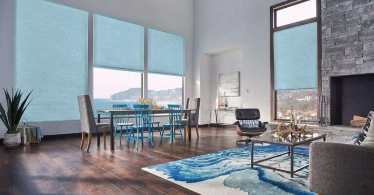 Graber Teal Cellular Shades in Dining Area