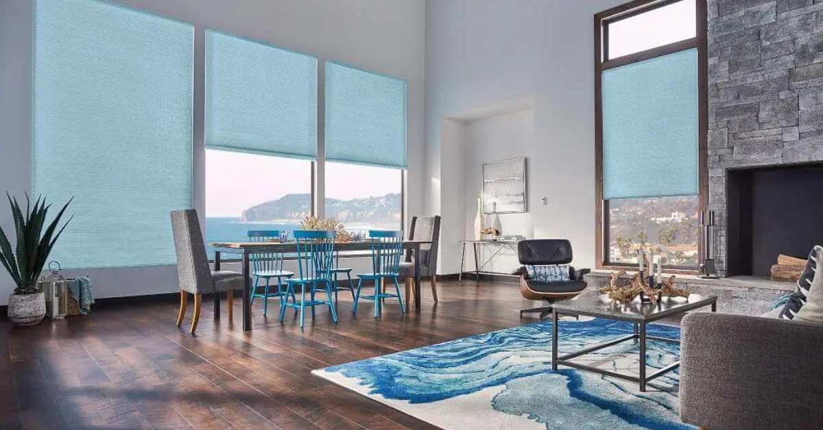 Graber Teal Cellular Shades in Dining Area